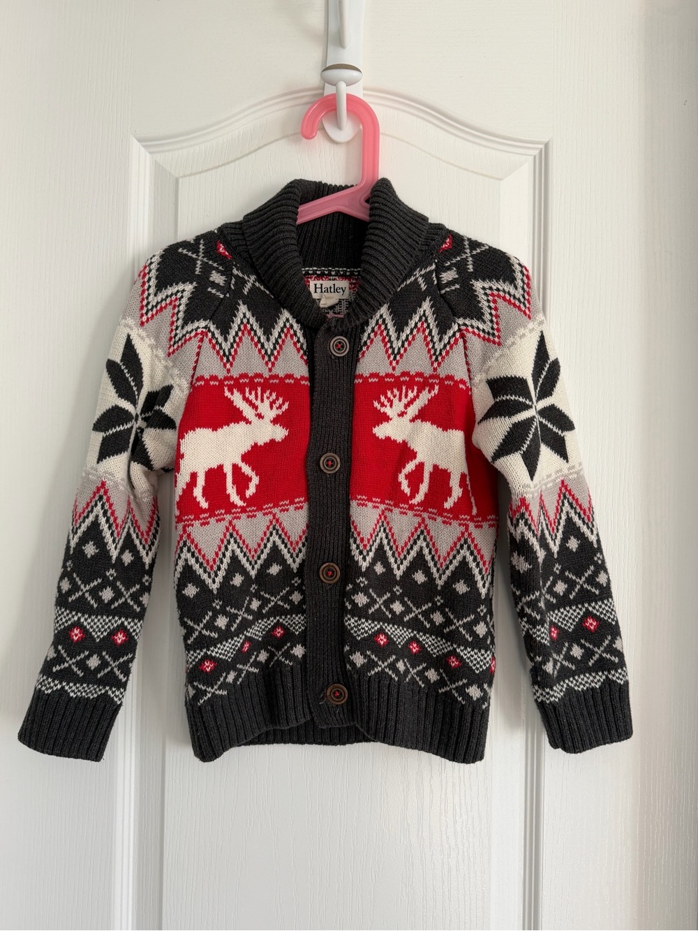 Hatley Black, Red & White Moose Fair Isle Cardigan
